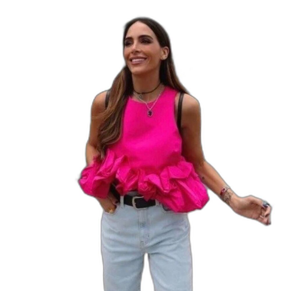 Zara Limited Edition Voluminous Ruffle Hem Crop Top Fuchsia Pink XS EUC - Picture 1 of 9